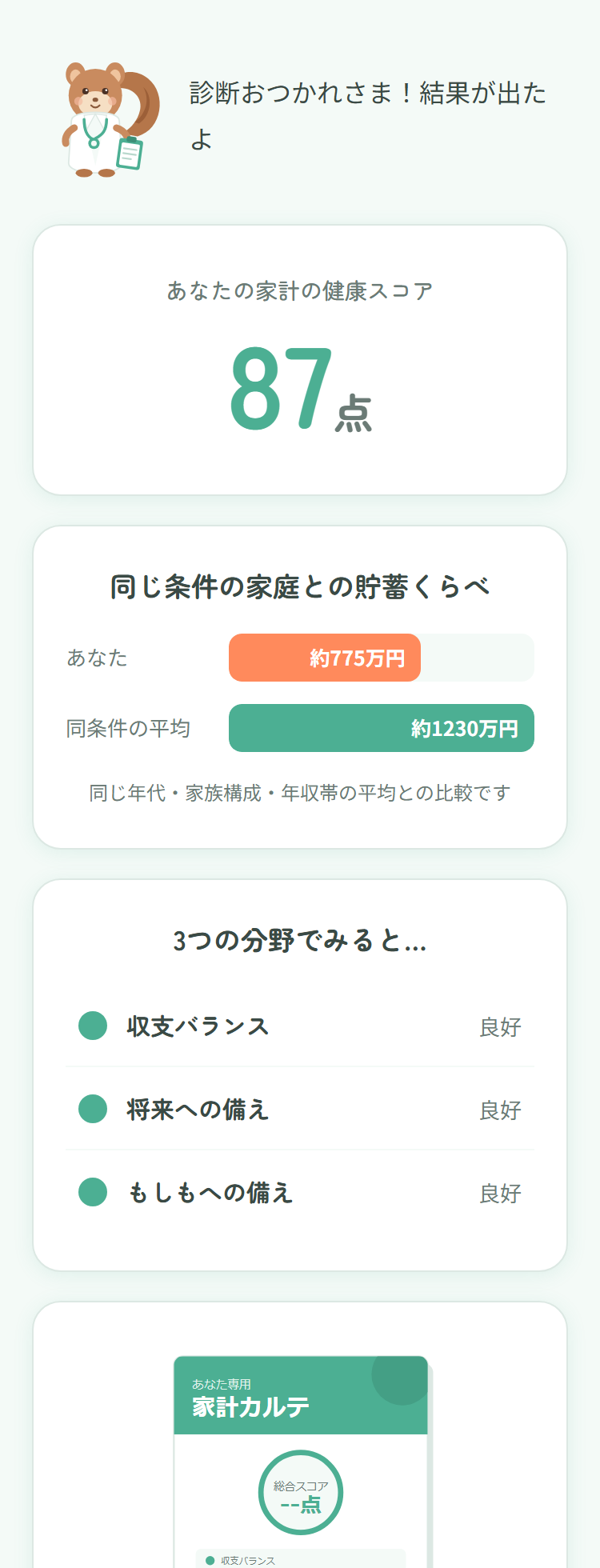 診断結果の実際の画面（ダミーデータの表示例）